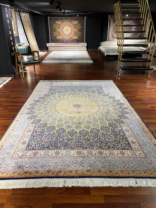 7x10 Gold Beige Medallion Rug, Oriental Silk Rug, Turkish Area Rug, Luxury Living Room Rug
