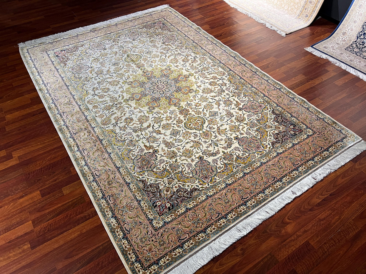 7x10 Beige Floral Medallion Rug, Oriental Silk Rug, Turkish Area Rug, Luxury Living Room Rug