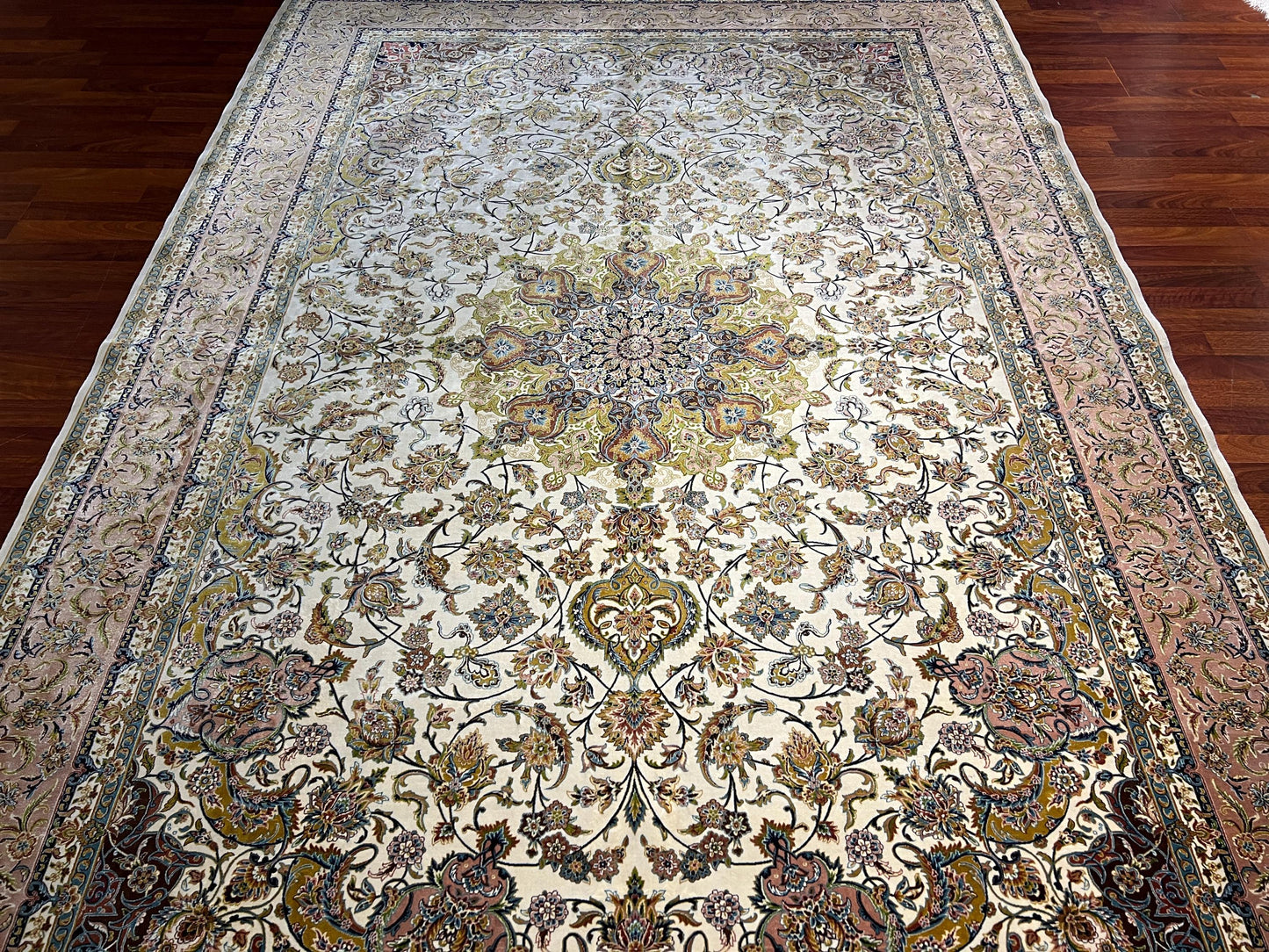 7x10 Beige Floral Medallion Rug, Oriental Silk Rug, Turkish Area Rug, Luxury Living Room Rug