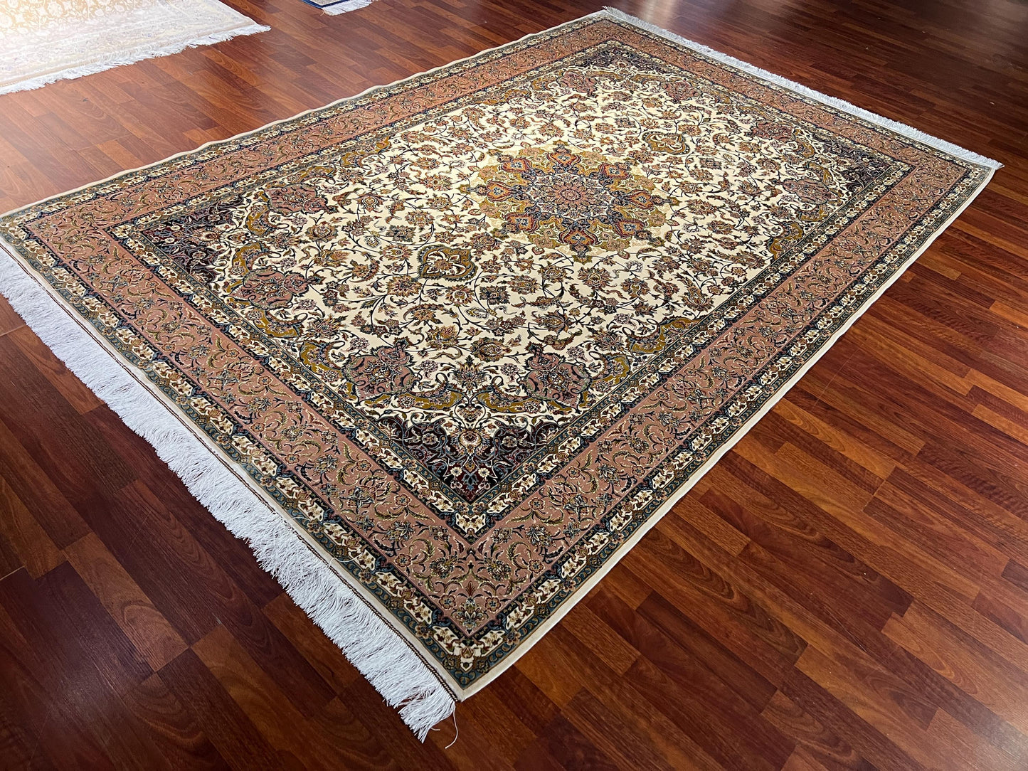 7x10 Beige Floral Medallion Rug, Oriental Silk Rug, Turkish Area Rug, Luxury Living Room Rug