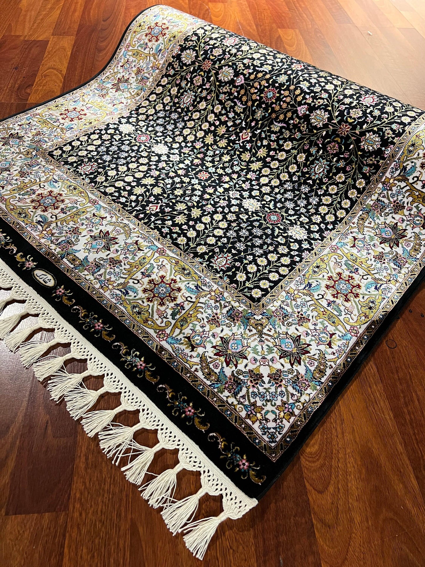 3x10 Black Silk Runner Rug, Floral Pattern Rug, Turkish Runner Rug, Entryway Carpet