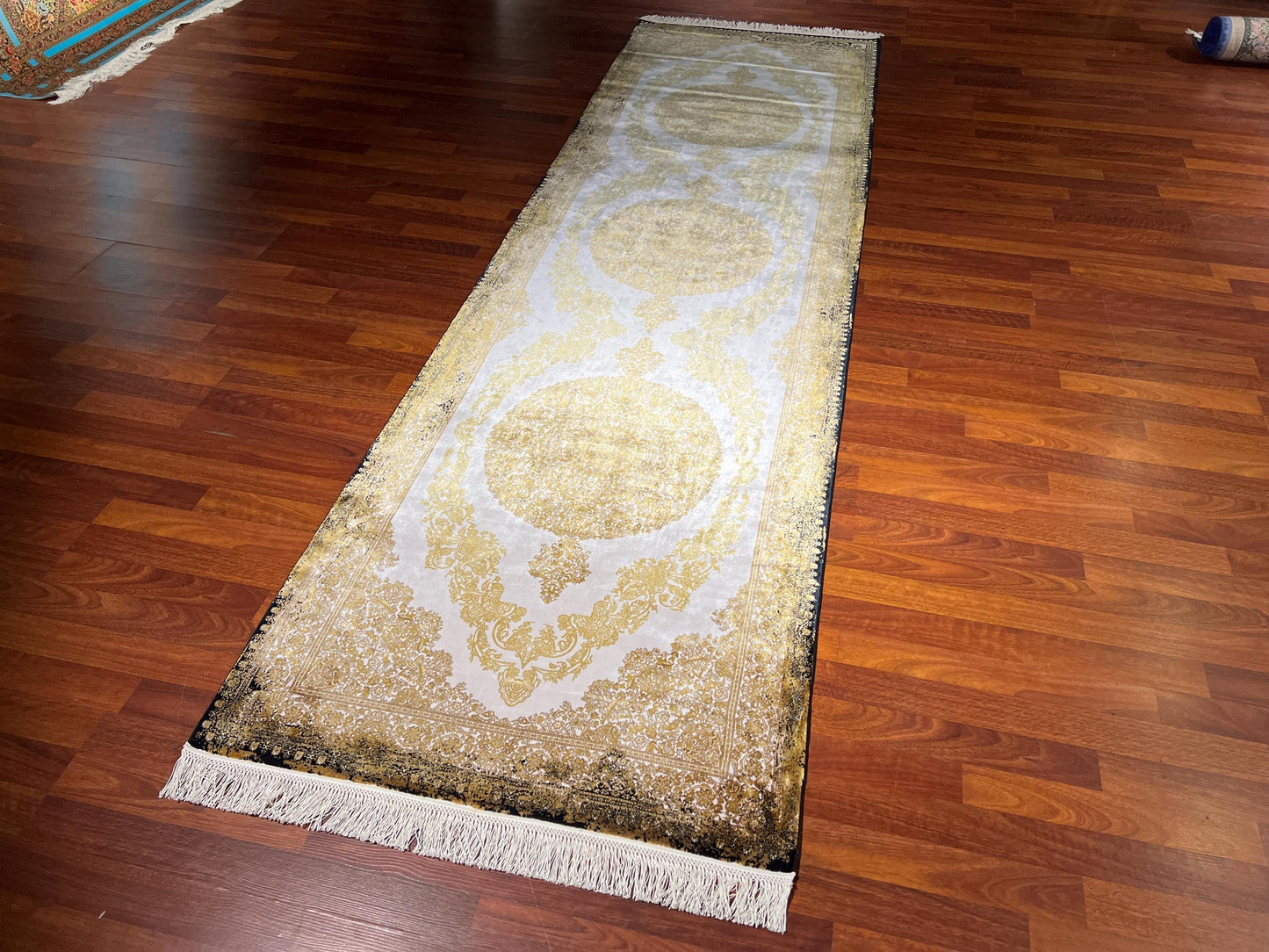 3x10 Gold Beige Runner Rug, Palace Silk Rug, Turkish Runner Rug, Luxury Hallway Rug