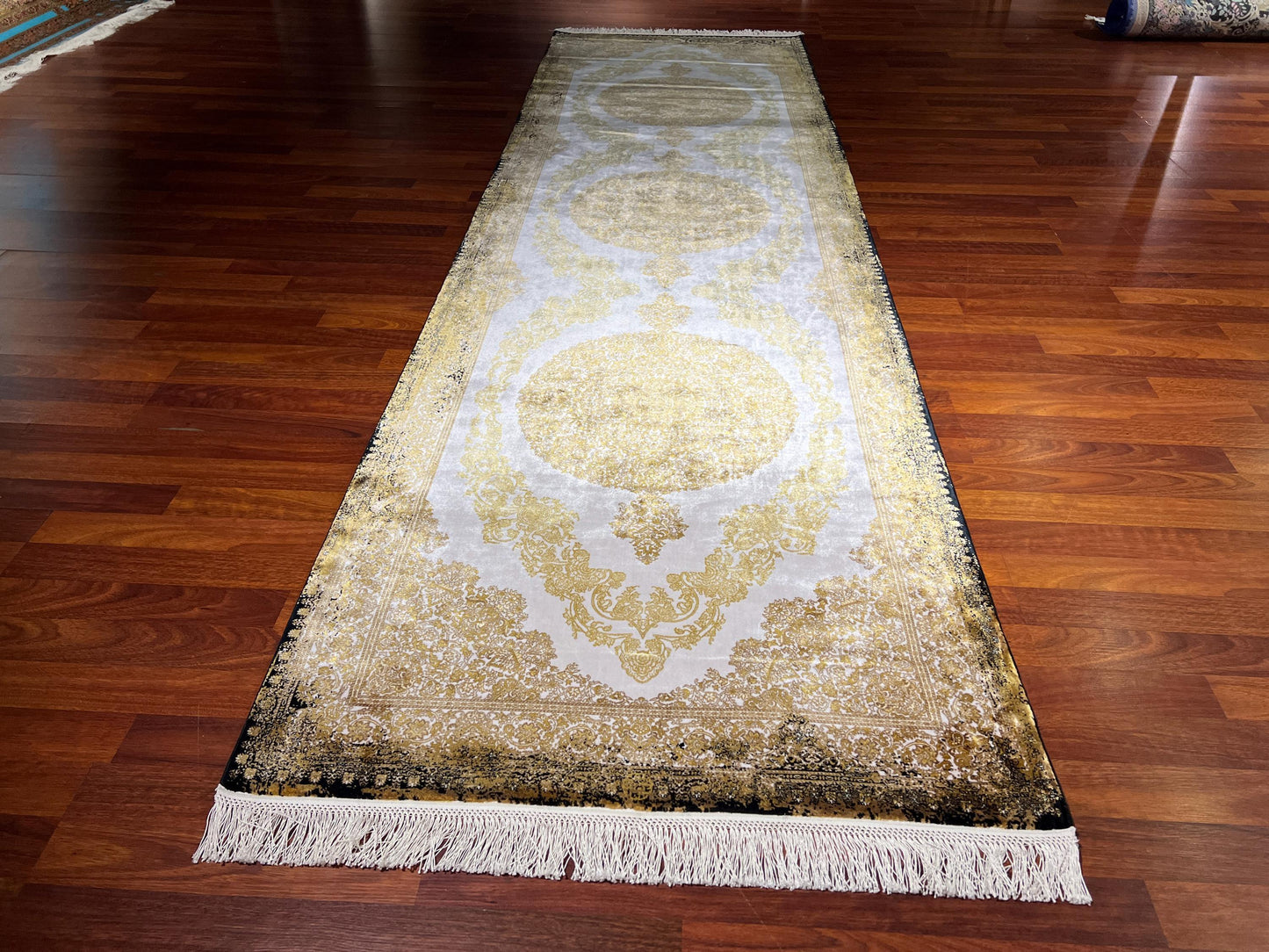 3x10 Gold Beige Runner Rug, Palace Silk Rug, Turkish Runner Rug, Luxury Hallway Rug
