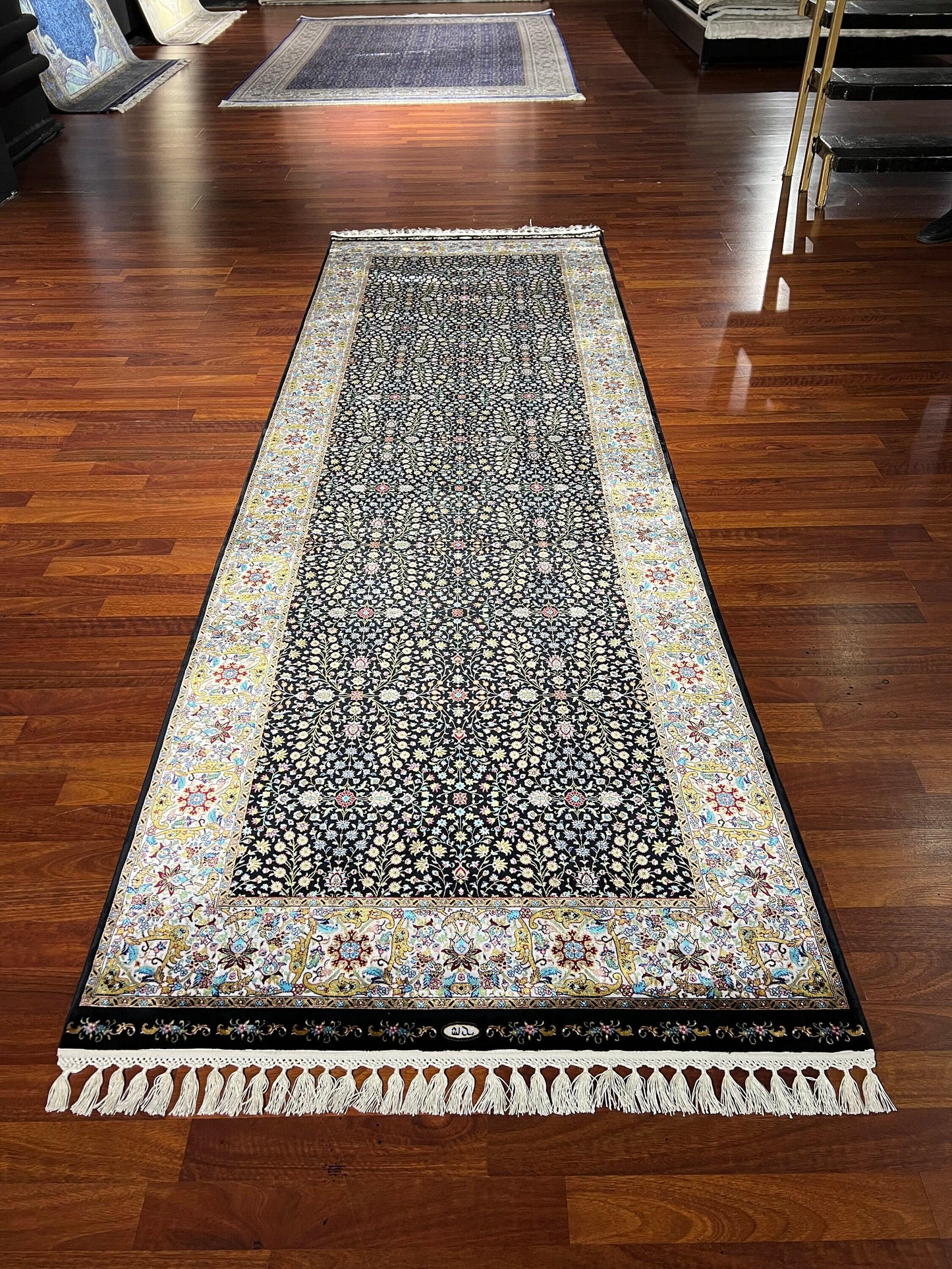 3x10 Black Silk Runner Rug, Floral Pattern Rug, Turkish Runner Rug, Entryway Carpet