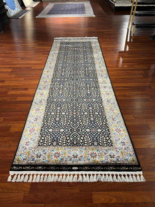 3x10 Black Silk Runner Rug, Floral Pattern Rug, Turkish Runner Rug, Entryway Carpet