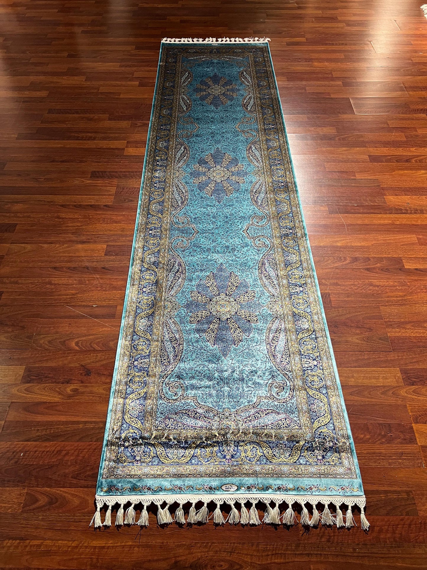 3x10 Blue Silk Runner Rug, Turkish Area Rug, Oriental Runner Rug, Luxury Hallway Rug