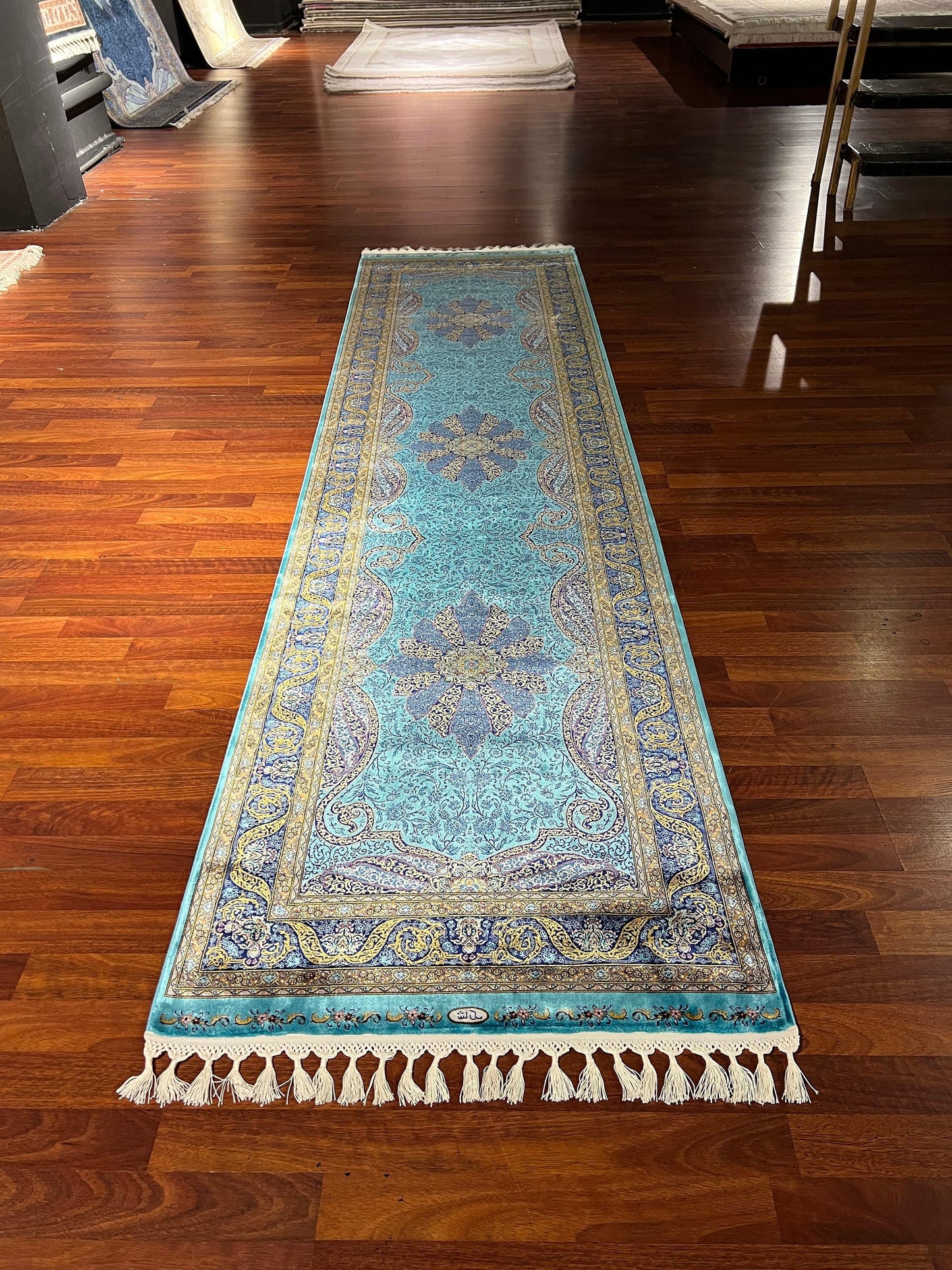3x10 Blue Silk Runner Rug, Turkish Area Rug, Oriental Runner Rug, Luxury Hallway Rug