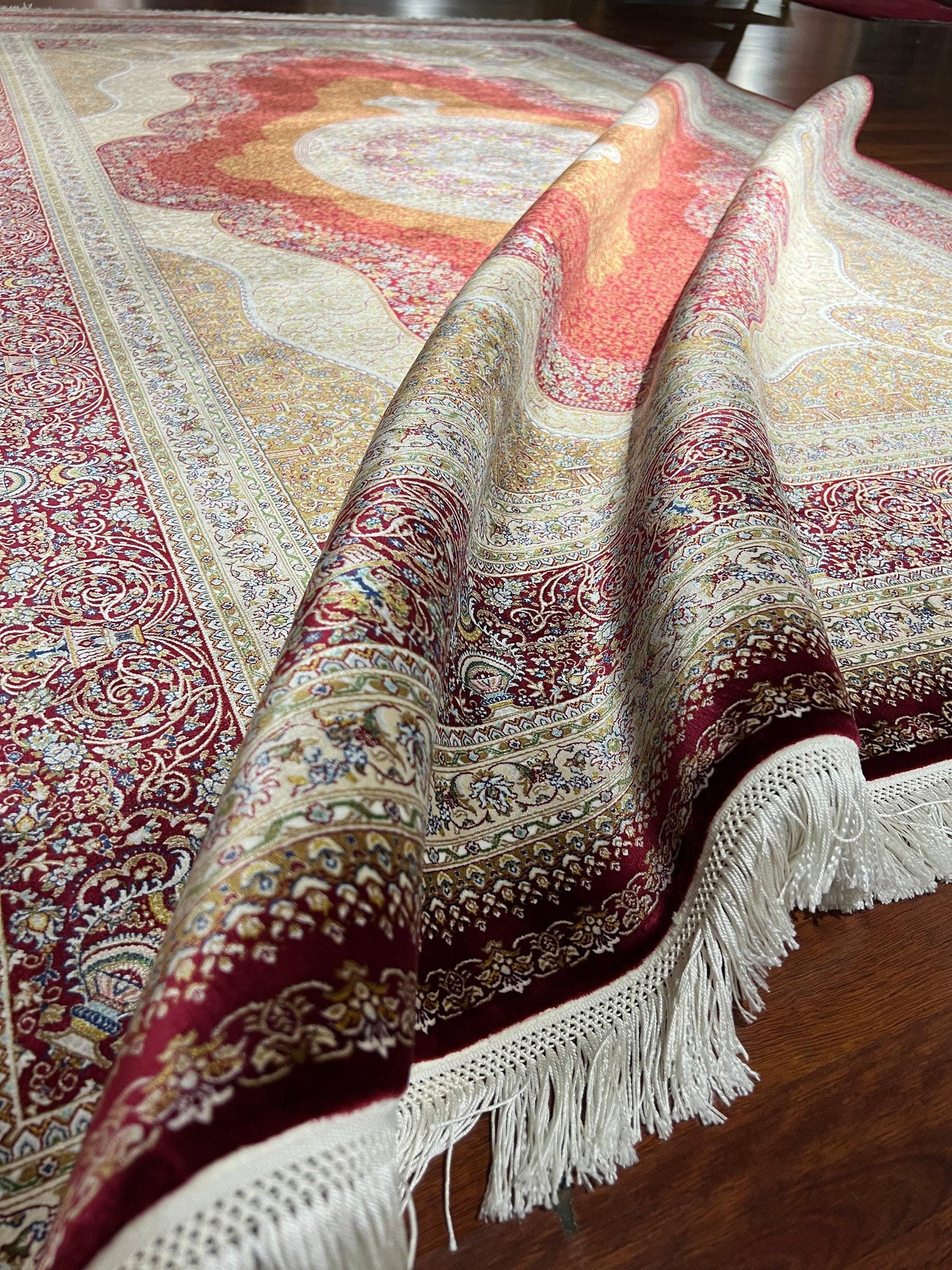 7x10 ft Red Gold Silk Rug, Royal Medallion Luxury Area Rug, Elegant Classic Living Room Carpet