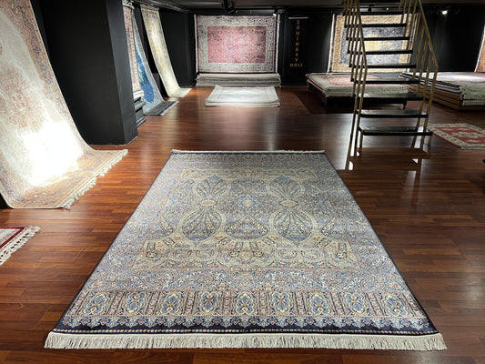 7x10 ft Navy Blue Silk Rug, Ornate Classic Luxury Area Rug, Elegant Living Room Carpet
