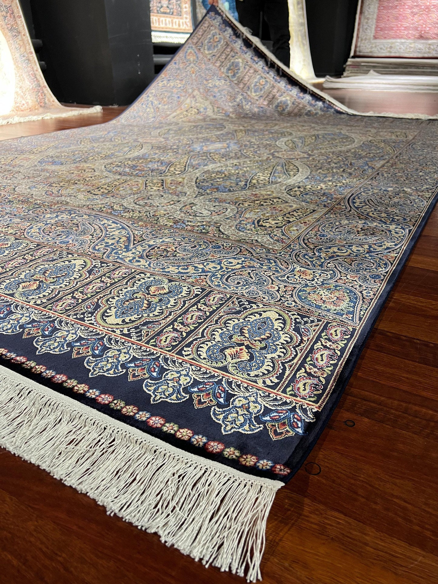 7x10 ft Navy Blue Silk Rug, Ornate Classic Luxury Area Rug, Elegant Living Room Carpet