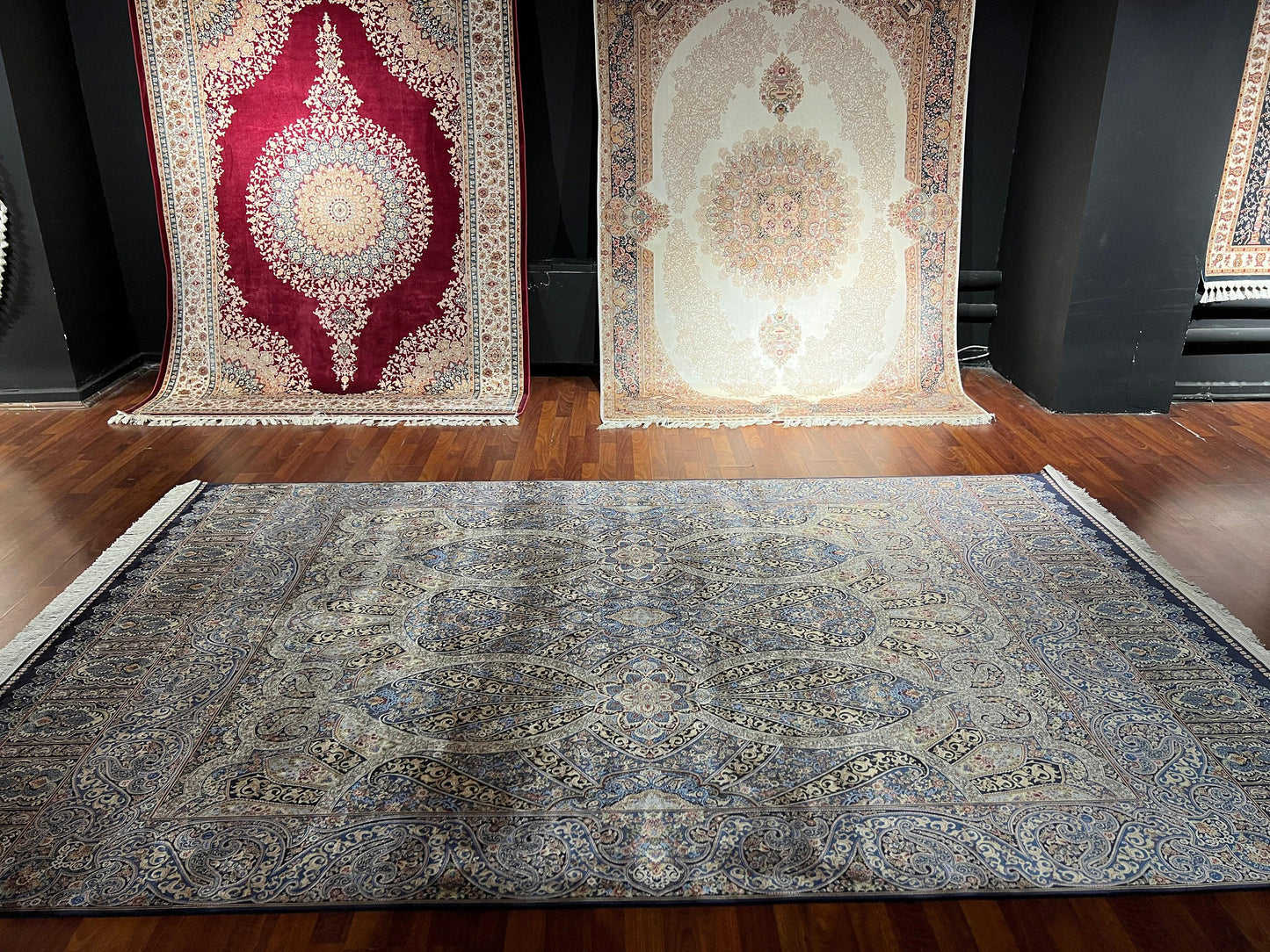 7x10 ft Navy Blue Silk Rug, Ornate Classic Luxury Area Rug, Elegant Living Room Carpet