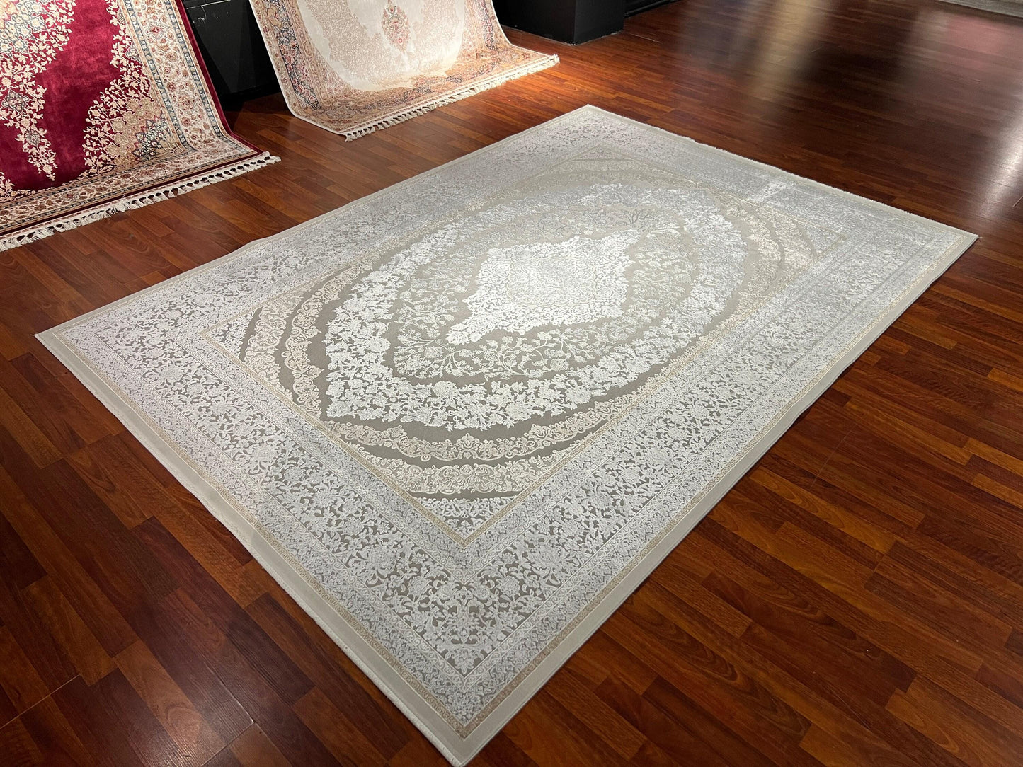 7x10 ft Beige Bamboo Rug, Minimal Classic Luxury Area Rug, Elegant Neutral Living Room Carpet