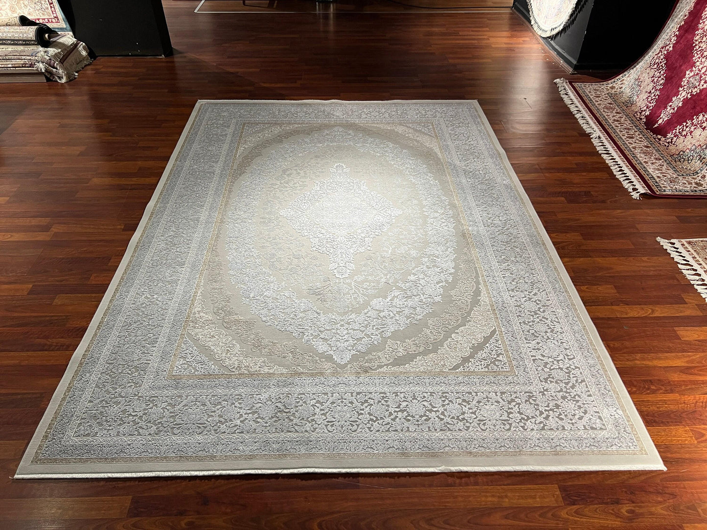 7x10 ft Beige Bamboo Rug, Minimal Classic Luxury Area Rug, Elegant Neutral Living Room Carpet
