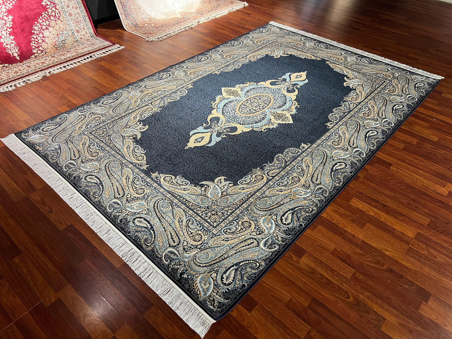 7x10 ft Navy Blue Bamboo Silk Rug, Palace Style Luxury Area Rug, Ornate Oriental Living Room Carpet
