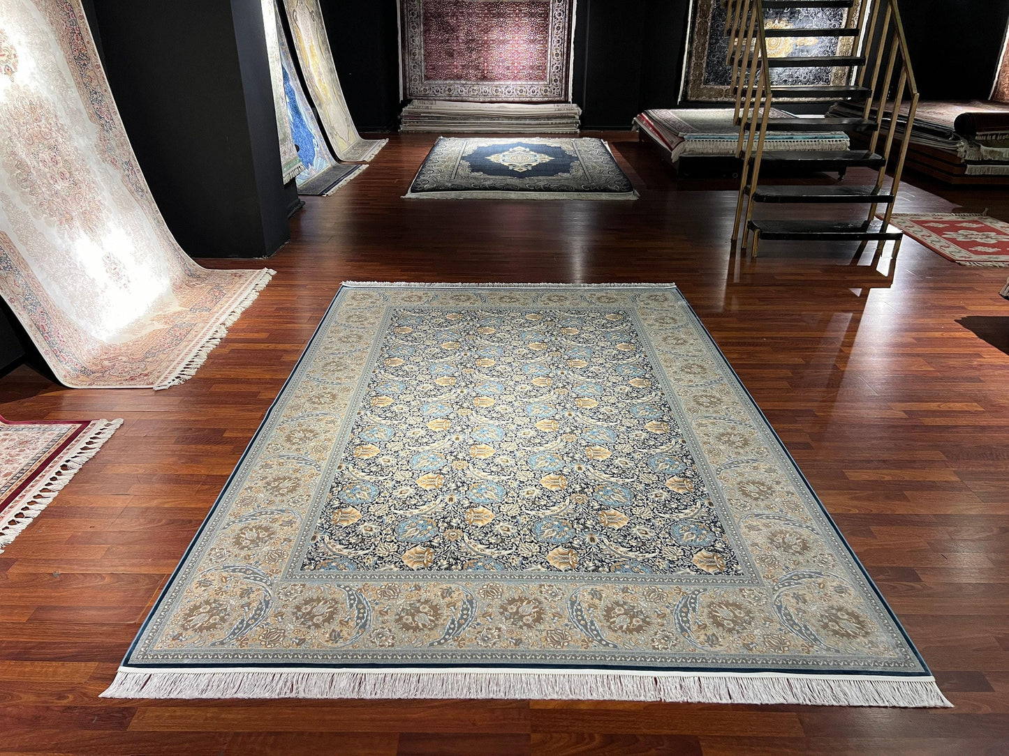 7x10 ft Blue Beige Bamboo Silk Rug, Elegant Classic Pattern Area Rug, Soft Luxury Living Room Carpet