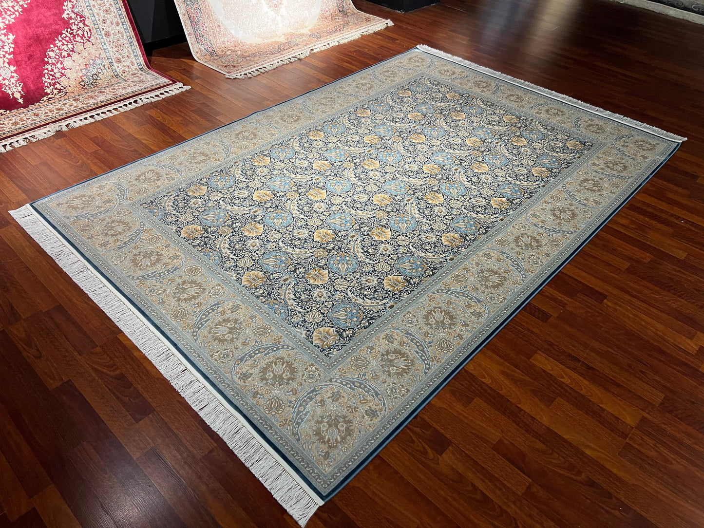 7x10 ft Blue Beige Bamboo Silk Rug, Elegant Classic Pattern Area Rug, Soft Luxury Living Room Carpet