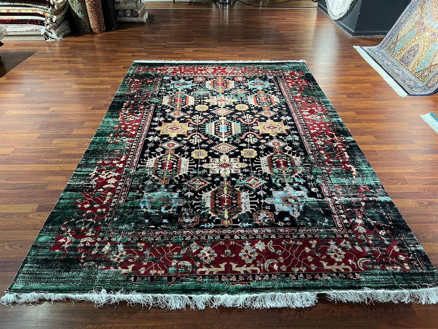 7x10 ft Black Gold Silk Rug, Palace Style Luxury Area Rug, Ornate Royal Living Room Carpet