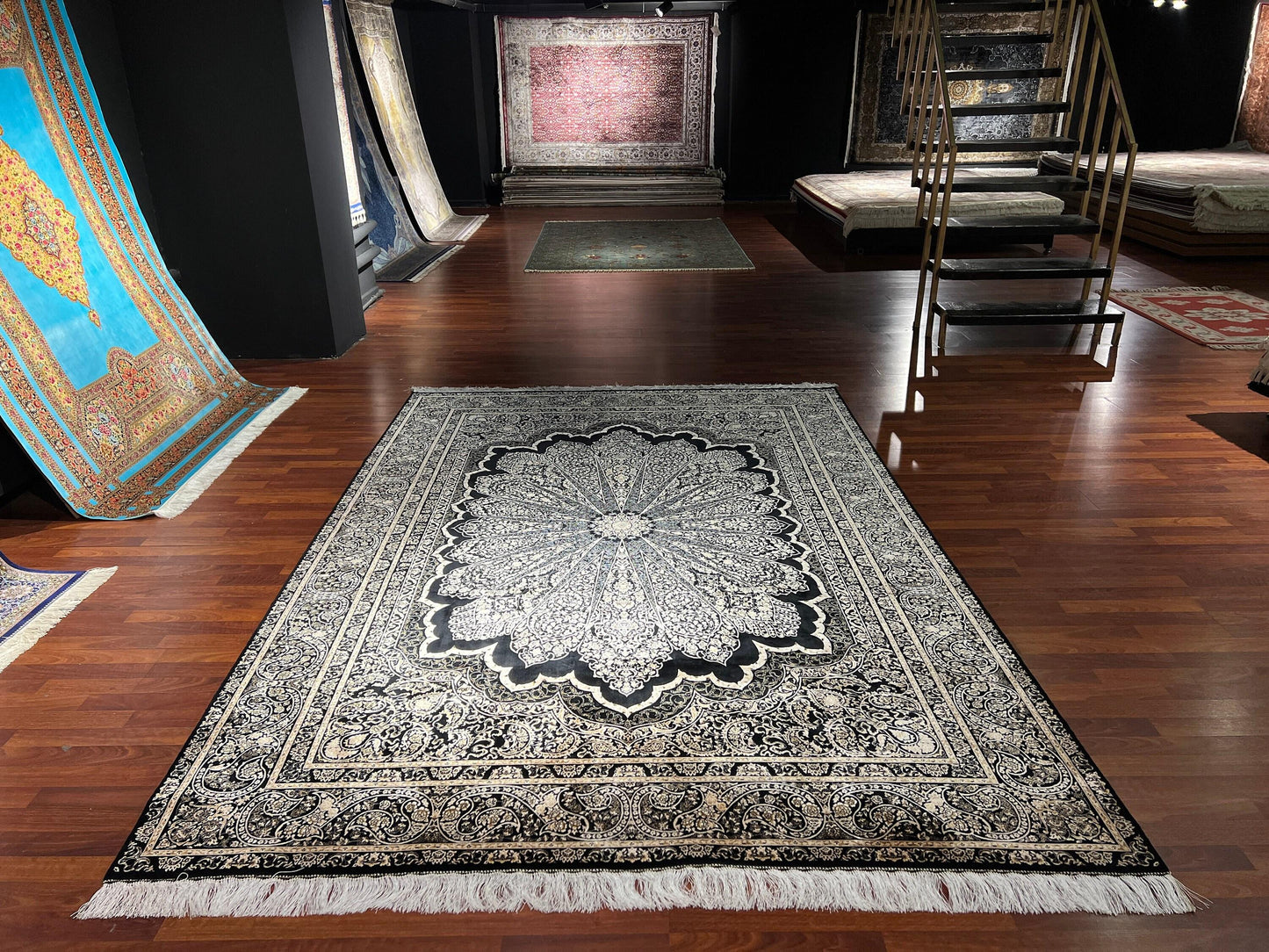 7x10 ft Black White Silk Rug, Modern Classic Medallion Area Rug, Luxury Living Room Carpet