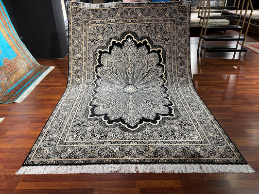 7x10 ft Black White Silk Rug, Modern Classic Medallion Area Rug, Luxury Living Room Carpet