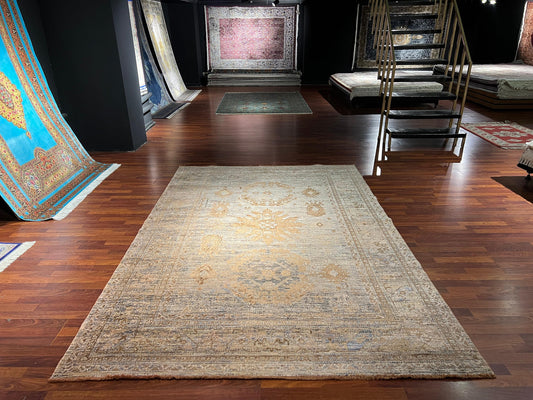 7x10 ft Beige Brown Vintage Rug, Distressed Modern Area Rug, Neutral Living Room Carpet