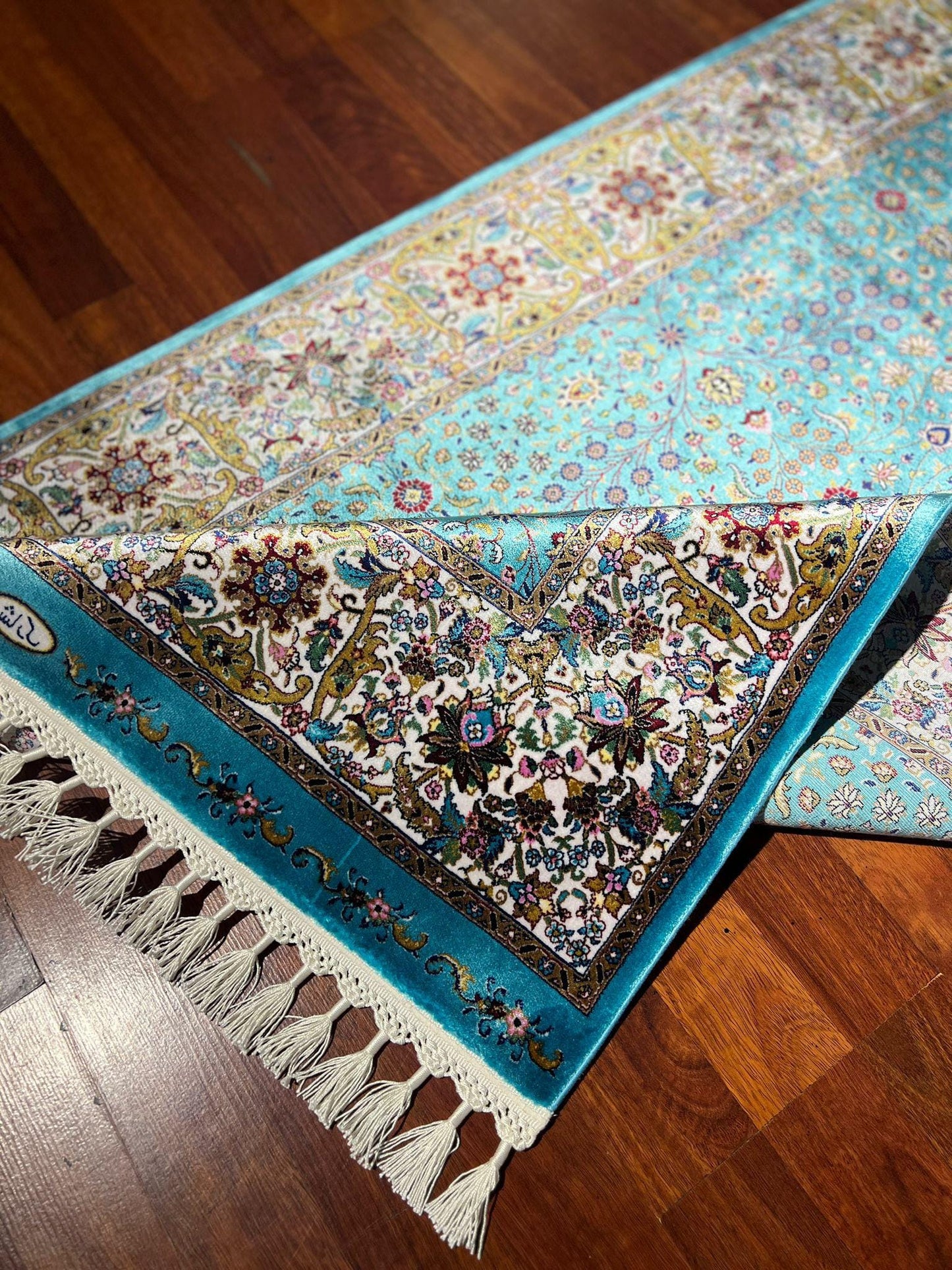 2.6x13ft Turquoise Runner Rug, Aqua Floral Hallway Rug, Modal Silk Entryway Rug, Luxury Decor