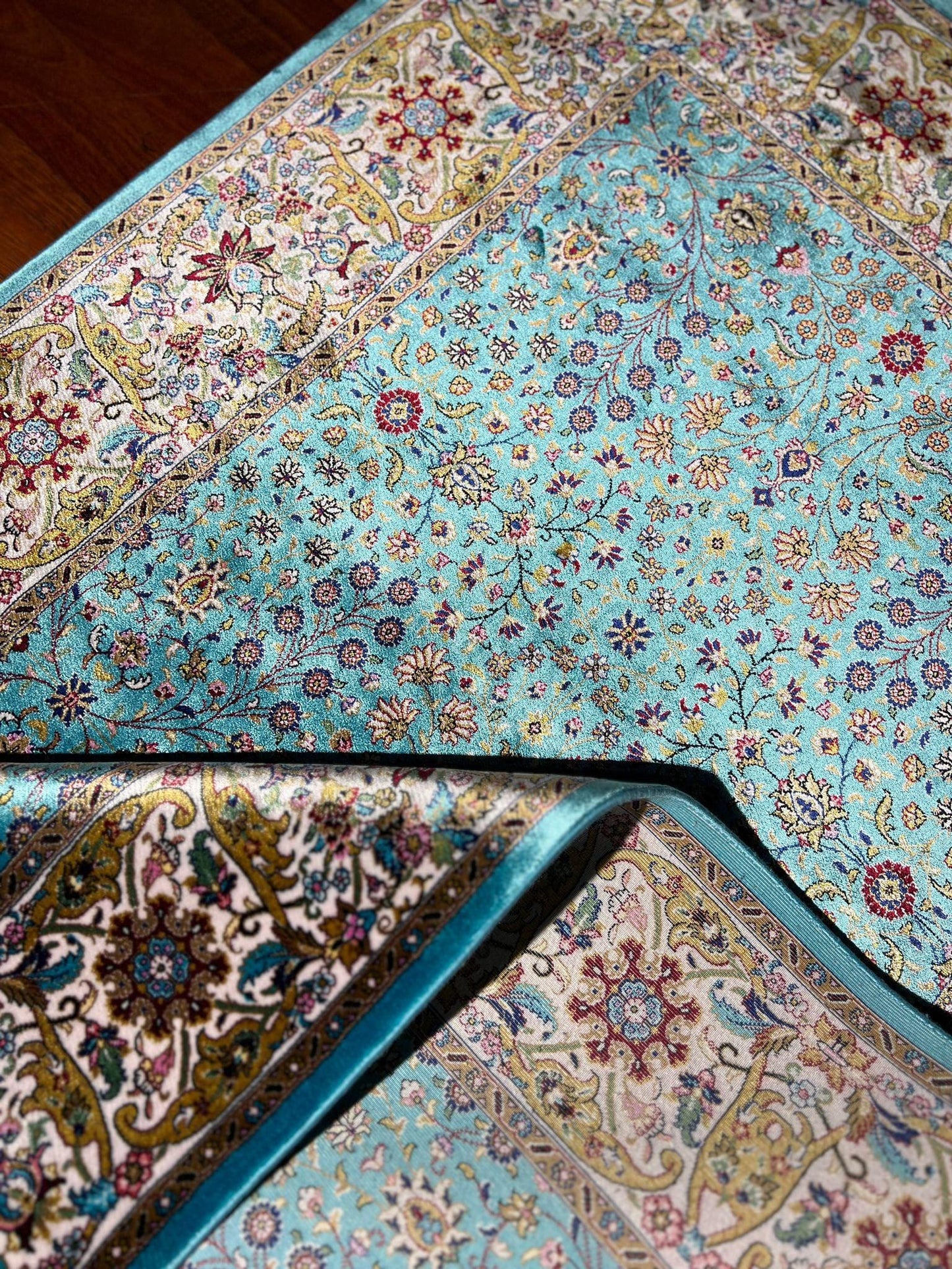2.6x13ft Turquoise Runner Rug, Aqua Floral Hallway Rug, Modal Silk Entryway Rug, Luxury Decor