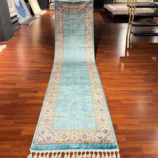 2.6x13ft Turquoise Runner Rug, Aqua Floral Hallway Rug, Modal Silk Entryway Rug, Luxury Decor