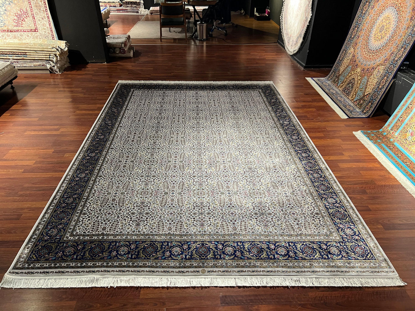 7x10 ft Floral Silk Rug, Cream Blue Classic Luxury Area Rug, Elegant Living Room Carpet