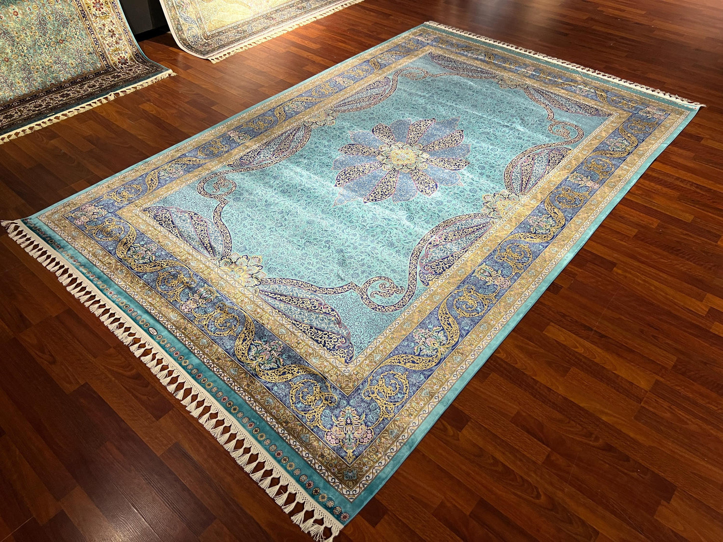 7x10 ft Turquoise Silk Rug, Aqua Blue Luxury Medallion Rug, Elegant Classic Area Rug