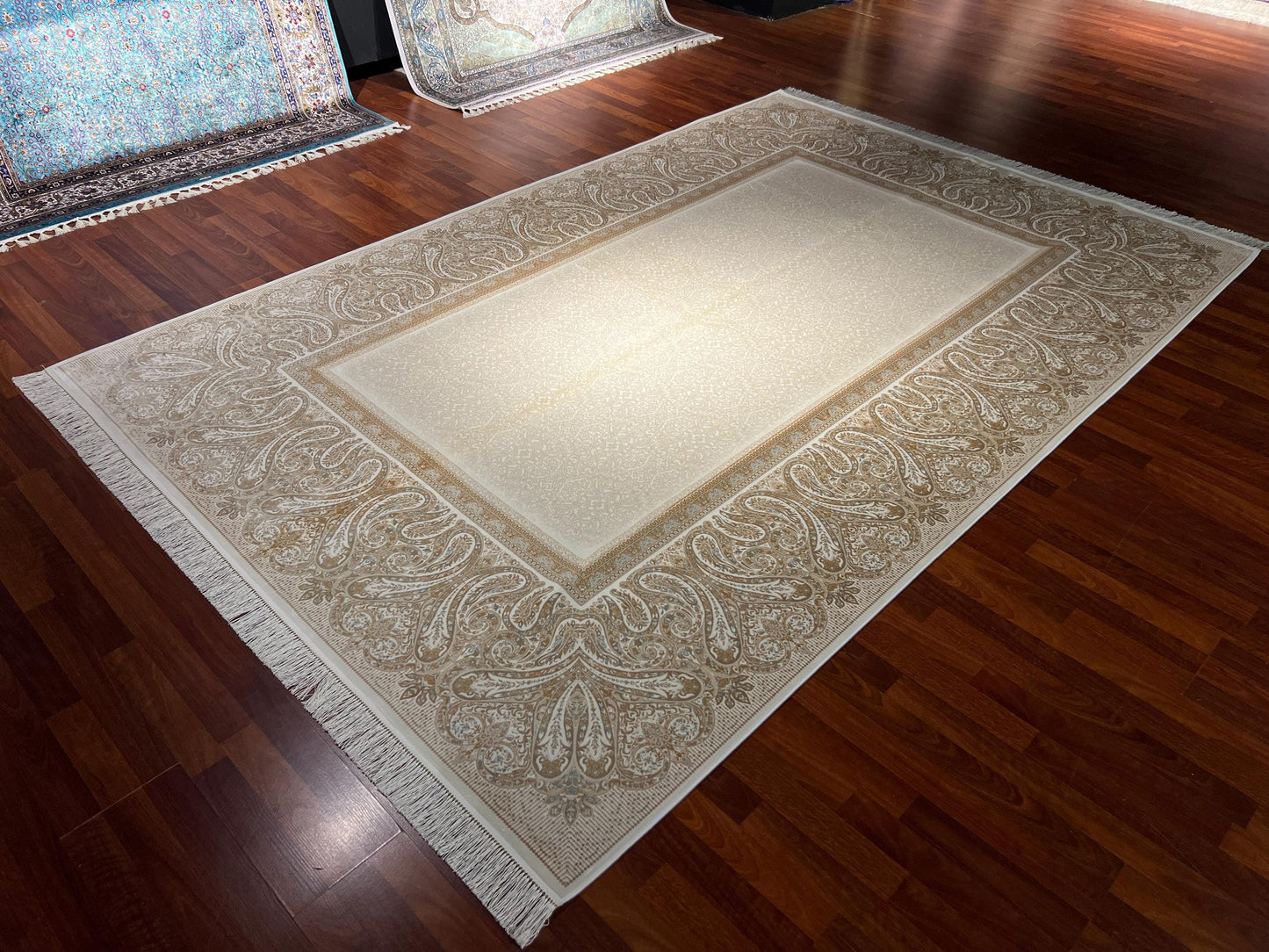 7x10 ft Gold Beige Silk Rug, Minimal Luxury Area Rug, Elegant Neutral Living Room Carpet