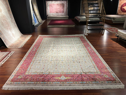 7x10 ft Cream Red Silk Rug, Floral Classic Luxury Area Rug, Elegant Living Room Carpet