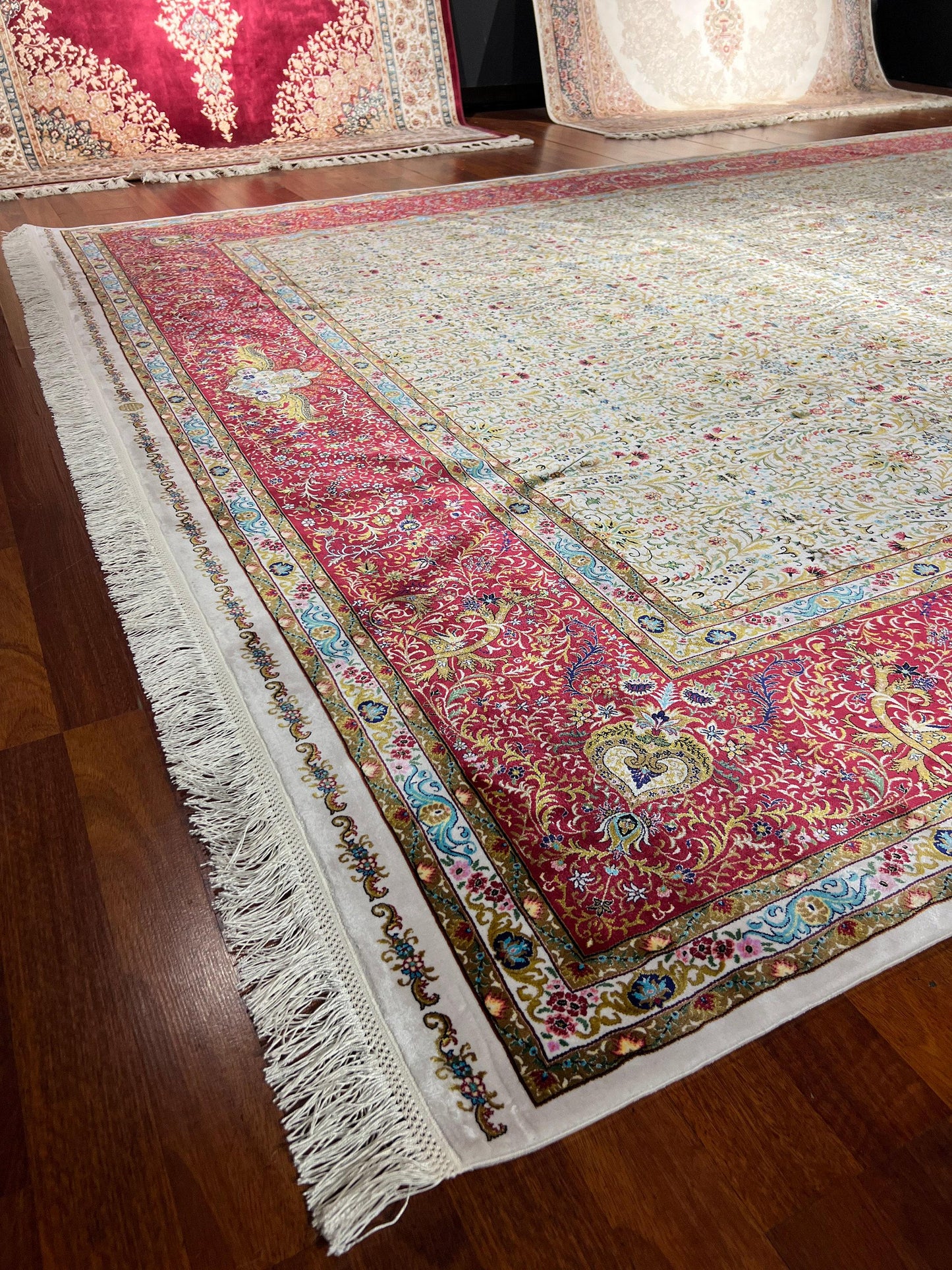 7x10 ft Cream Red Silk Rug, Floral Classic Luxury Area Rug, Elegant Living Room Carpet