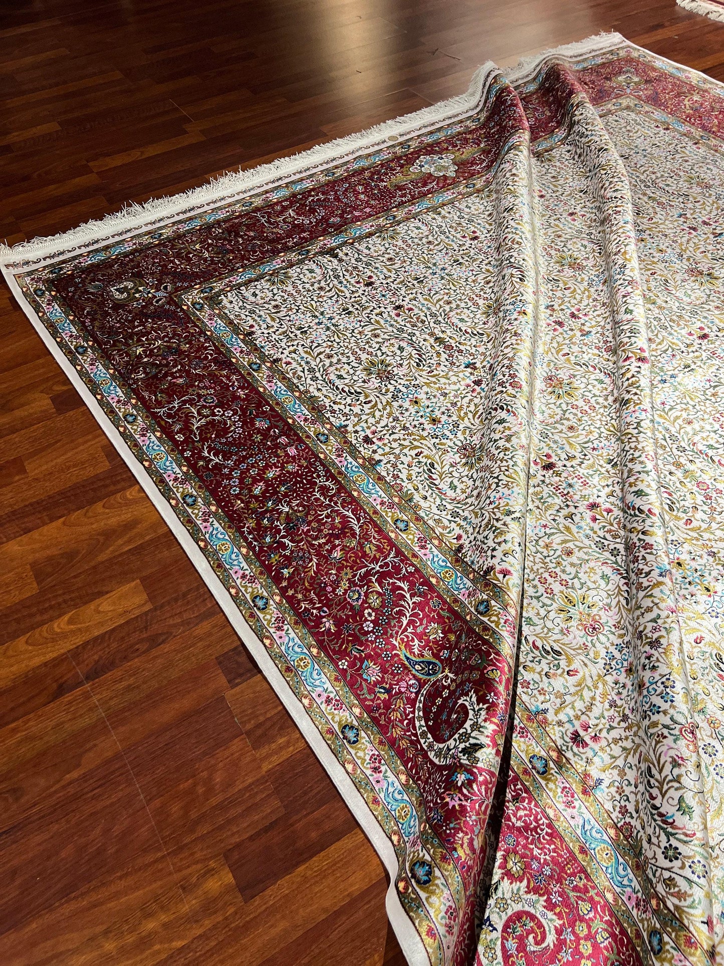 7x10 ft Cream Red Silk Rug, Floral Classic Luxury Area Rug, Elegant Living Room Carpet