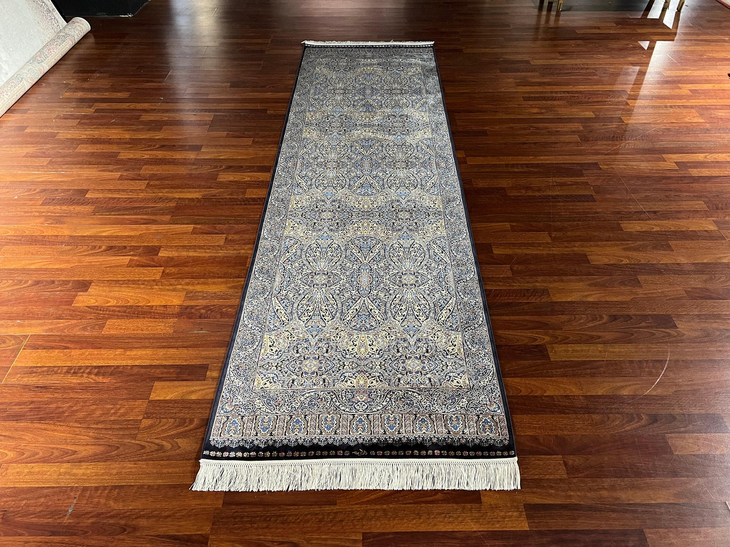 3x10 Blue Beige Silk Runner Rug, Turkish Area Rug, Luxury Hallway Entry Rug