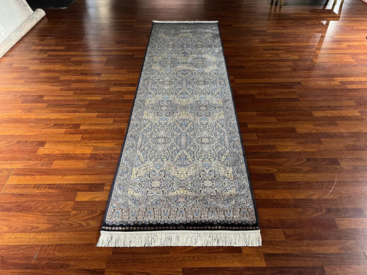 3x10 Blue Beige Silk Runner Rug, Turkish Area Rug, Luxury Hallway Entry Rug