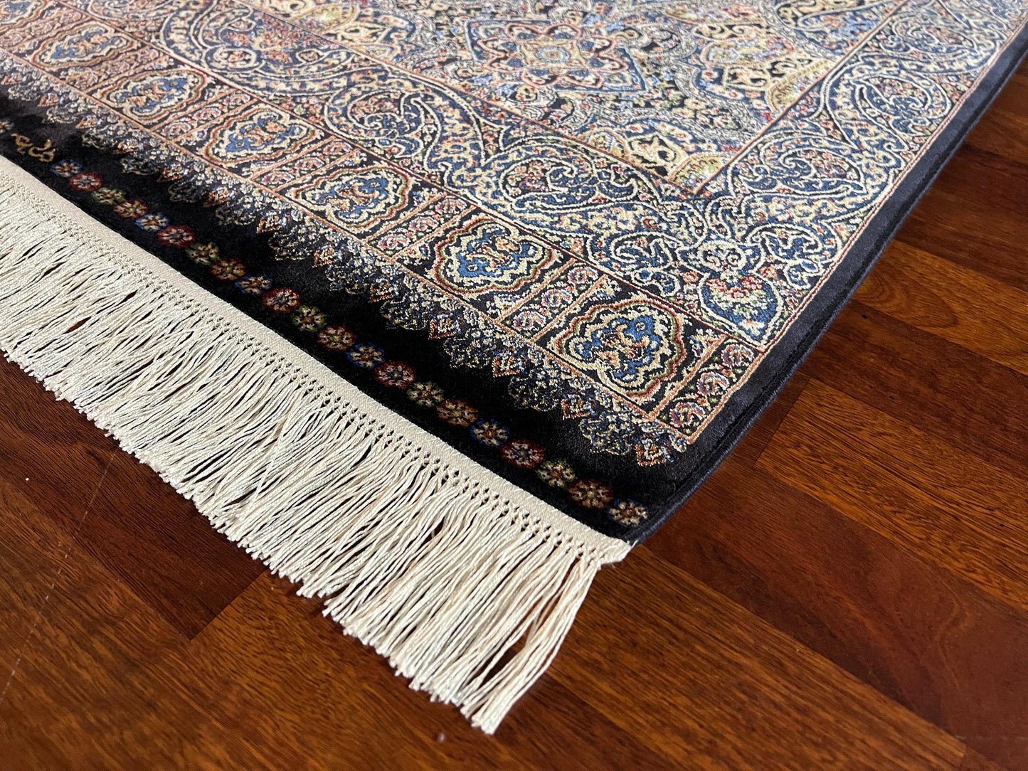 3x10 Blue Beige Silk Runner Rug, Turkish Area Rug, Luxury Hallway Entry Rug