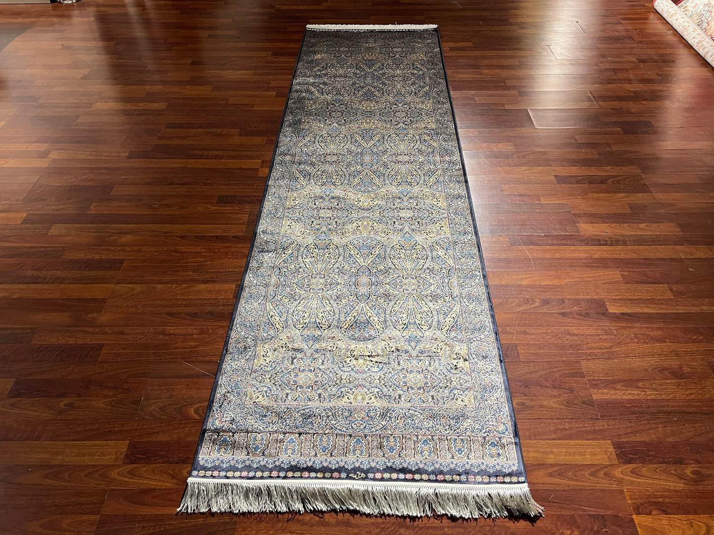 3x10 Blue Beige Silk Runner Rug, Turkish Area Rug, Luxury Hallway Entry Rug