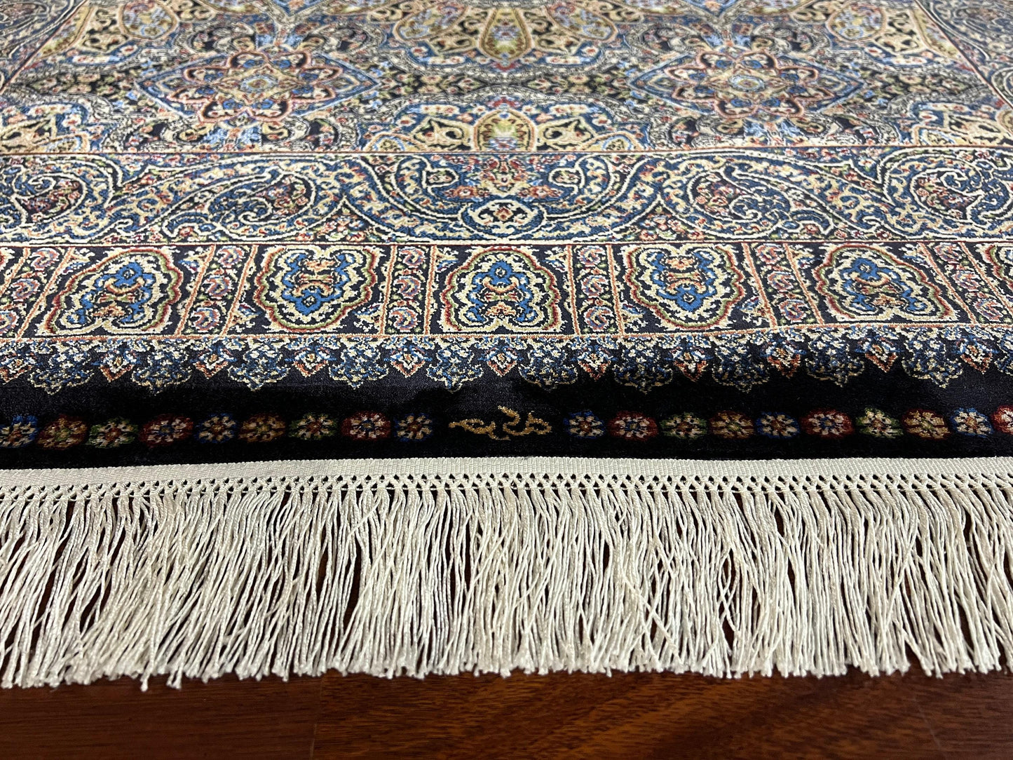 3x10 Blue Beige Silk Runner Rug, Turkish Area Rug, Luxury Hallway Entry Rug