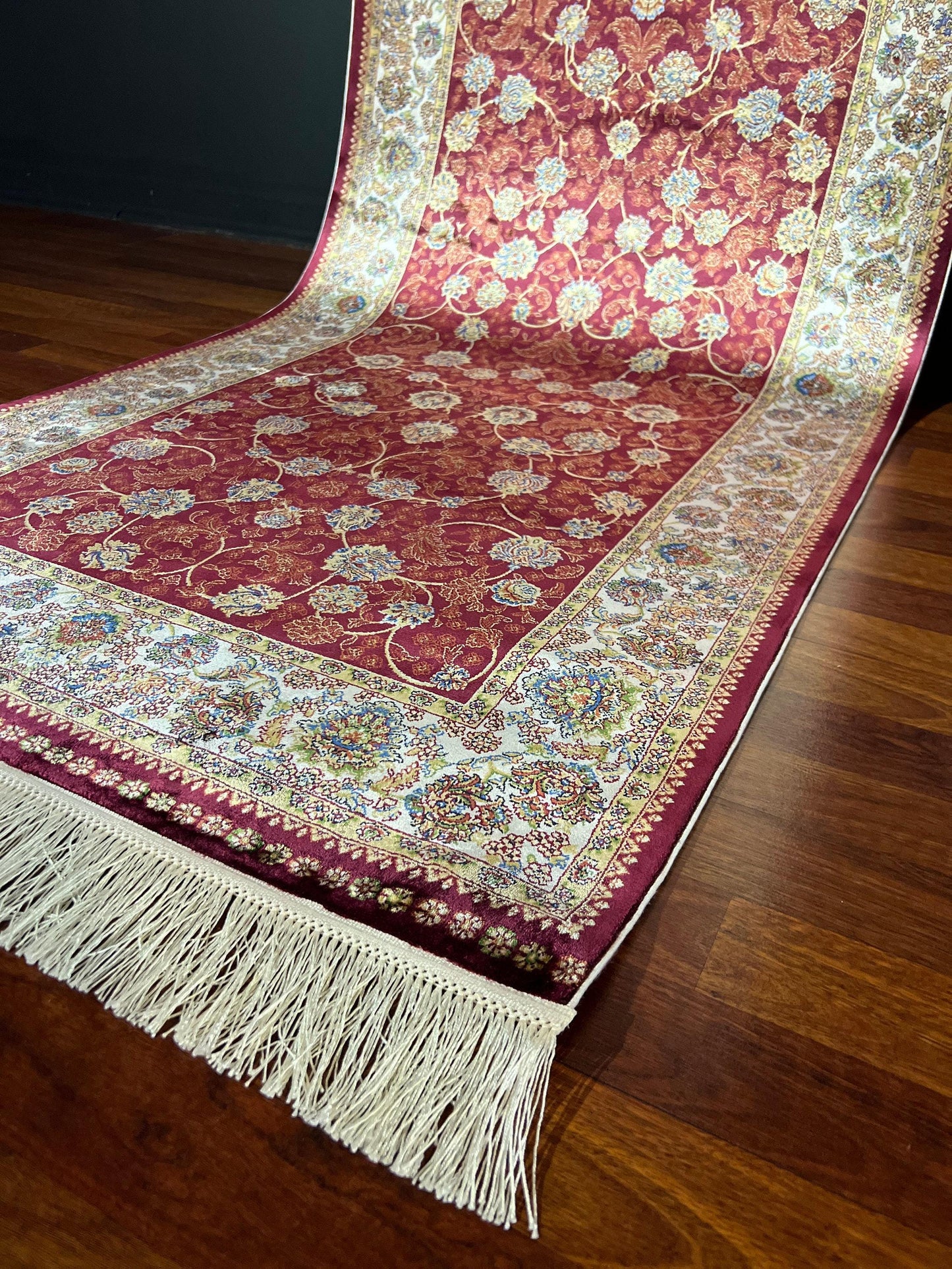 3x10 Red Gold Silk Runner Rug, Turkish Area Rug, Luxury Hallway Entry Rug