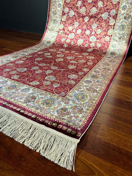 3x10 Red Gold Silk Runner Rug, Turkish Area Rug, Luxury Hallway Entry Rug