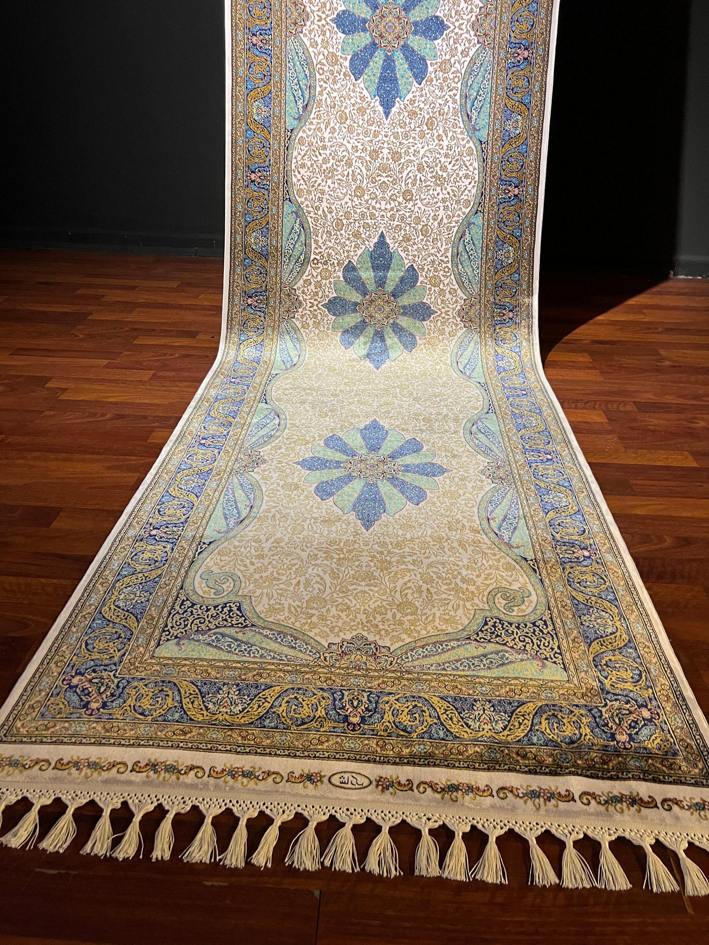 3x10 Blue Beige Silk Runner Rug, Turkish Silk Rug, Luxury Hallway Entry Rug