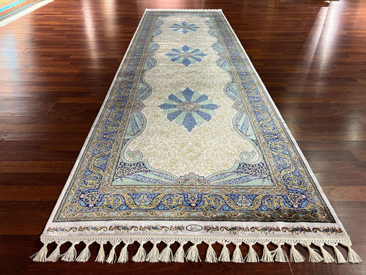 3x10 Blue Beige Silk Runner Rug, Turkish Silk Rug, Luxury Hallway Entry Rug