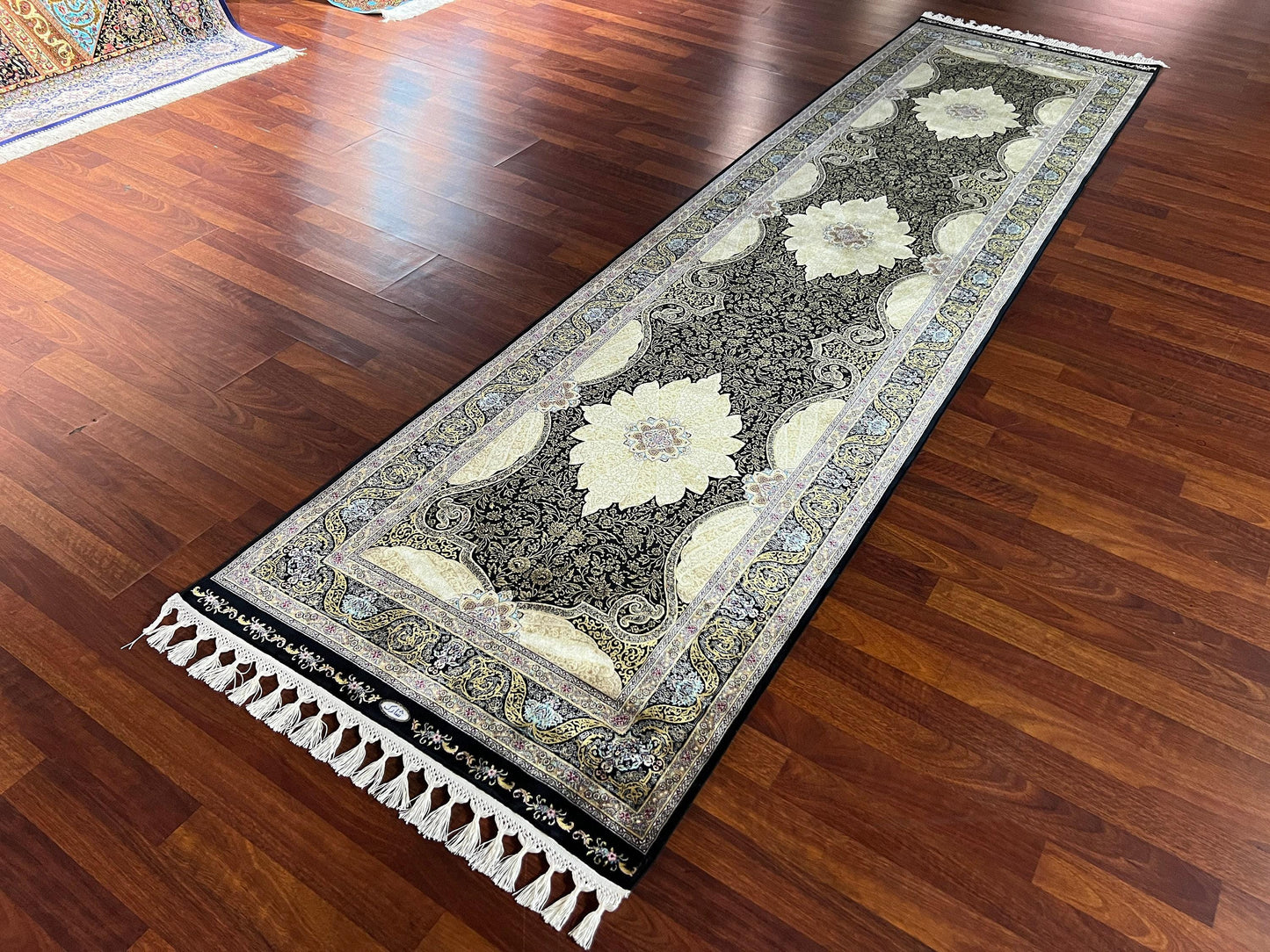 3x10 Black Beige Silk Runner Rug, Turkish Area Rug, Luxury Hallway Entry Rug