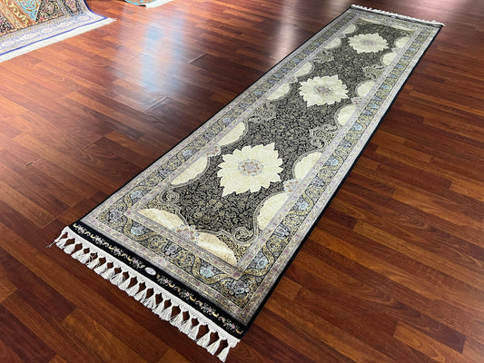 3x10 Black Beige Silk Runner Rug, Turkish Area Rug, Luxury Hallway Entry Rug