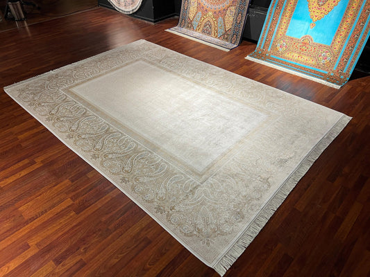 7x10 ft Beige Silk Rug, Minimal Luxury Neutral Area Rug, Elegant Living Room Carpet