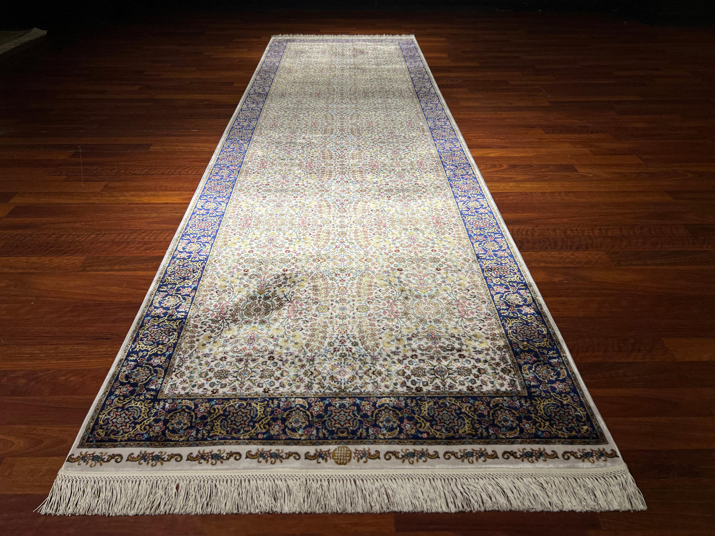 3x10 Blue Beige Silk Runner Rug, Turkish Area Rug, Floral Hallway Rug