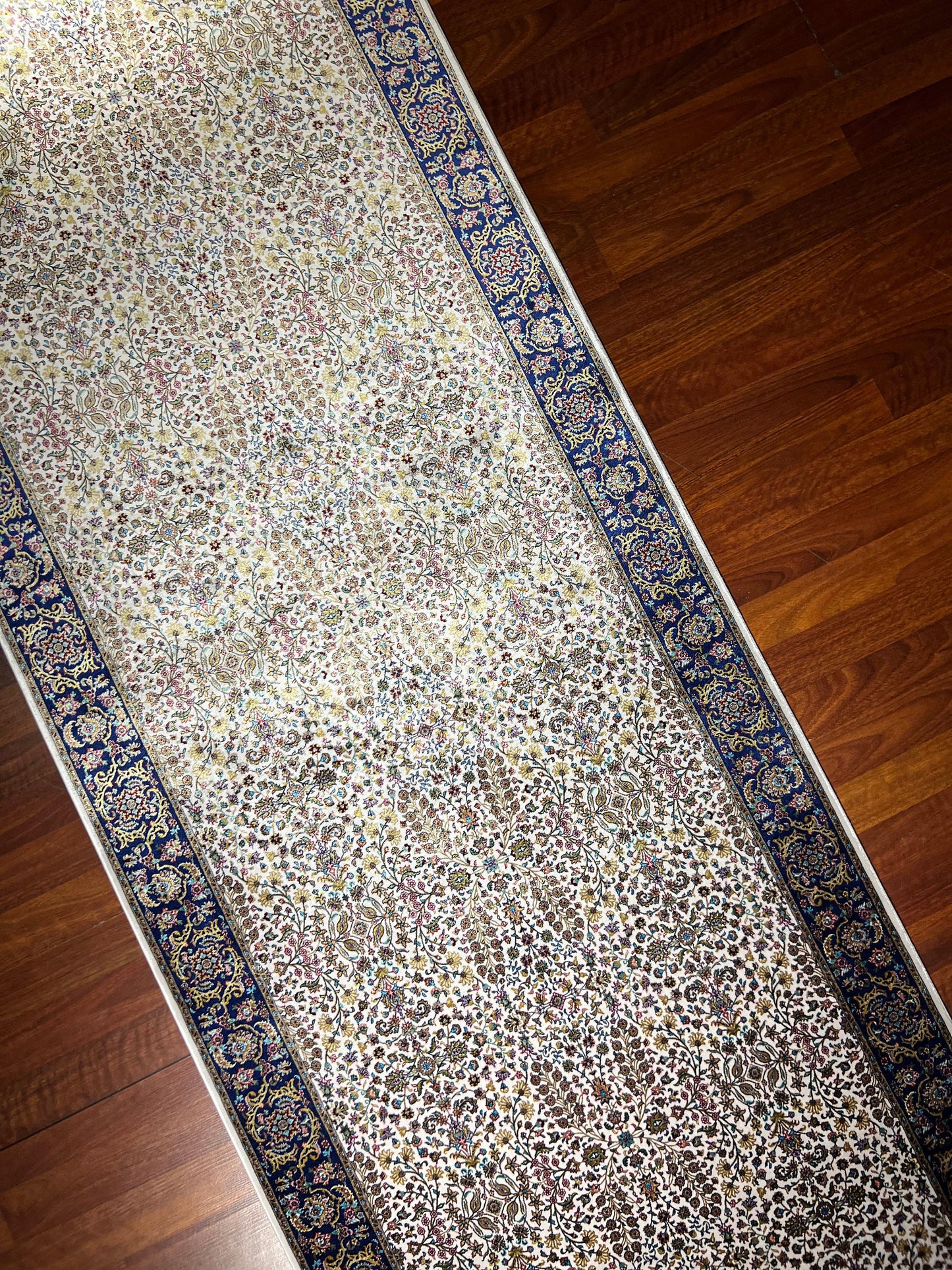 3x10 Blue Beige Silk Runner Rug, Turkish Area Rug, Floral Hallway Rug