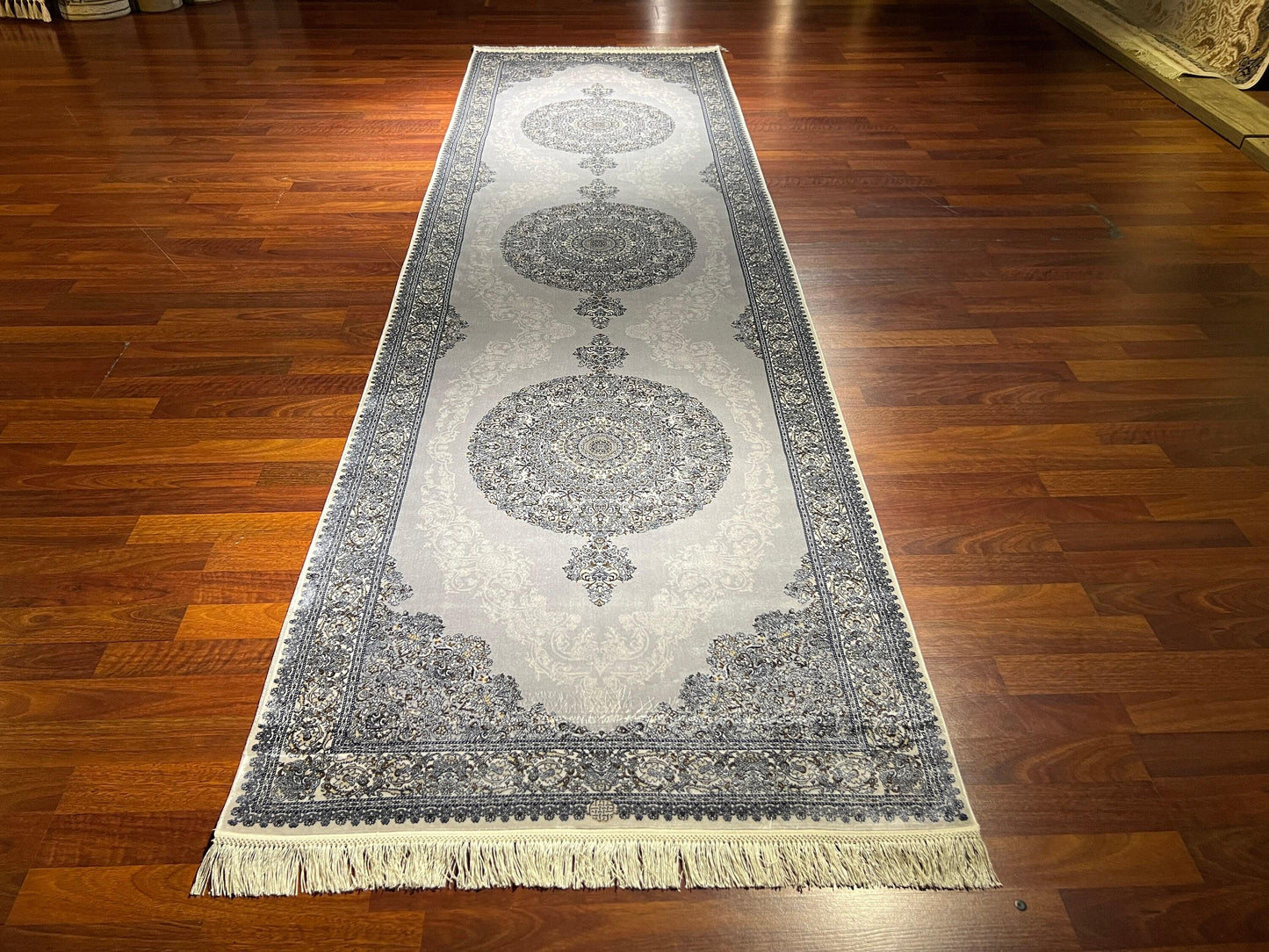 3x10 Gray Beige Silk Runner Rug, Turkish Area Rug, Luxury Hallway Rug