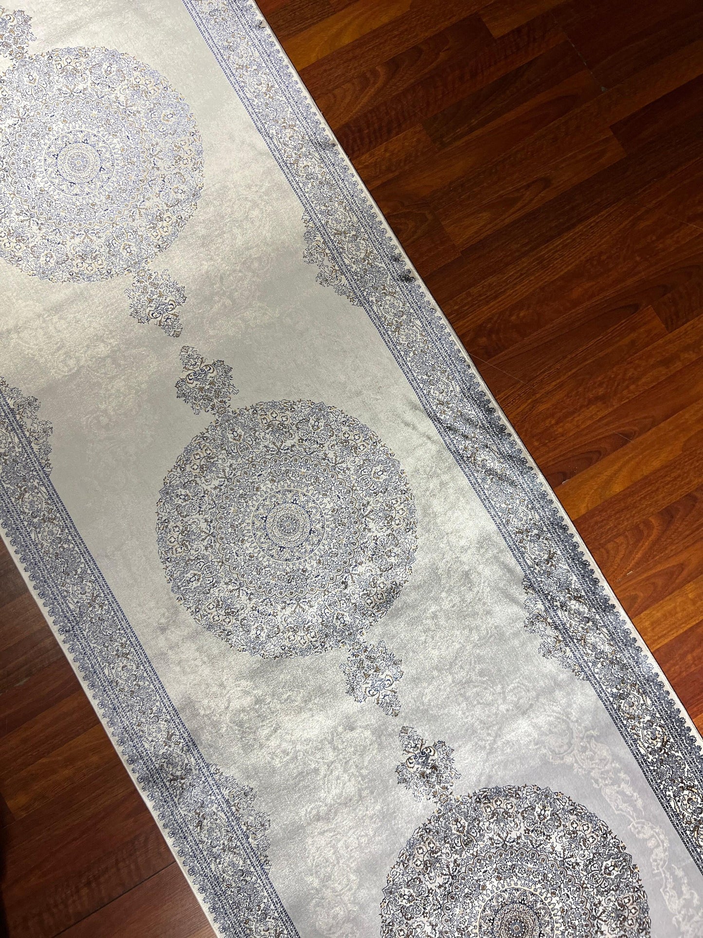 3x10 Gray Beige Silk Runner Rug, Turkish Area Rug, Luxury Hallway Rug