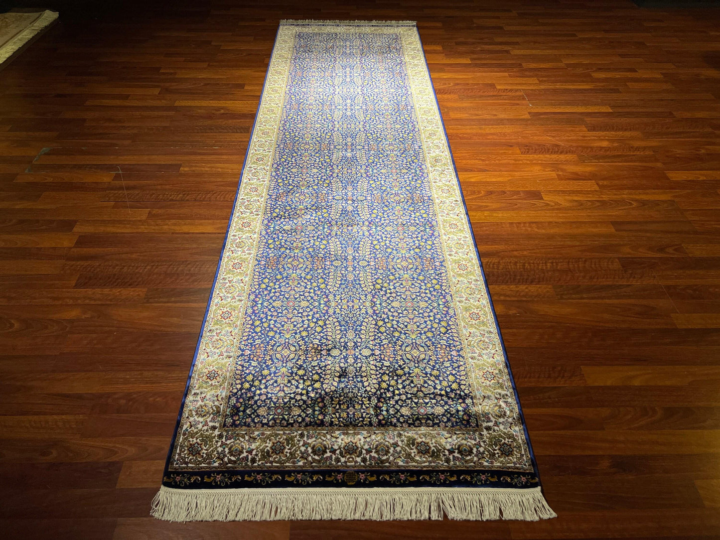 3x10 Blue Silk Runner Rug, Turkish Area Rug, Oriental Hallway Rug